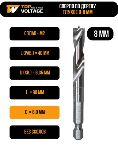 Сверло по дереву 8 мм глухое TOPVOLTAGE 806680